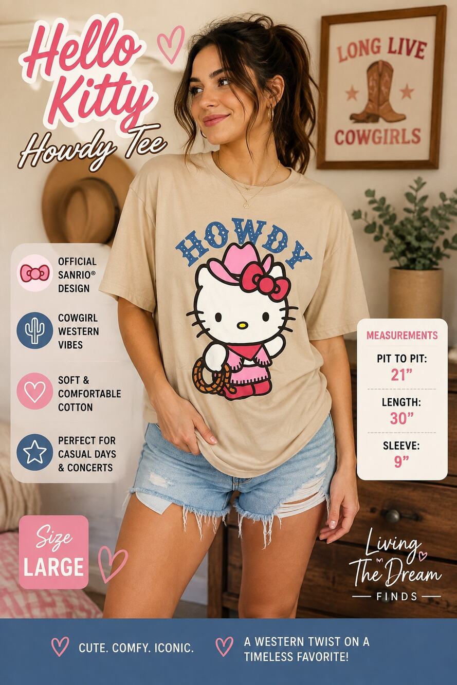 Hello Kitty by Sanrio Howdy Cowgirl Graphic T Shirt Beige Size Large